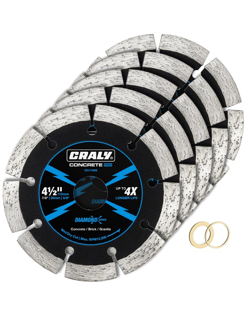 CRALY 4-1/2 Inch Super Thin Segmented Diamond Blade, 7/8 in Arbor, 4.5'' Diamond Stone Blade for Angle Grinder & Masonry Saw, Diamond Cutting Wheel for Cutting Concrete, Brick, Granite, Block, 5PC - Image 1